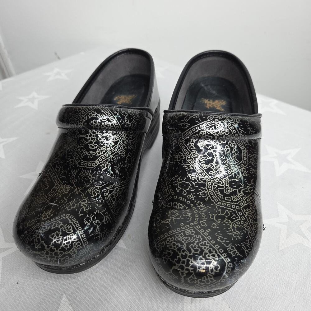 Dansko Size 37 Womens US Size 6.5 Black & Silver Patent Leather Loafer Clogs